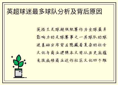英超球迷最多球队分析及背后原因
